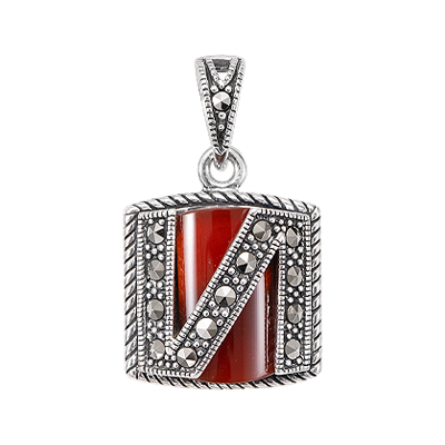 Sterling Silver Rectangular Pendant with Red Agate and Marcasite