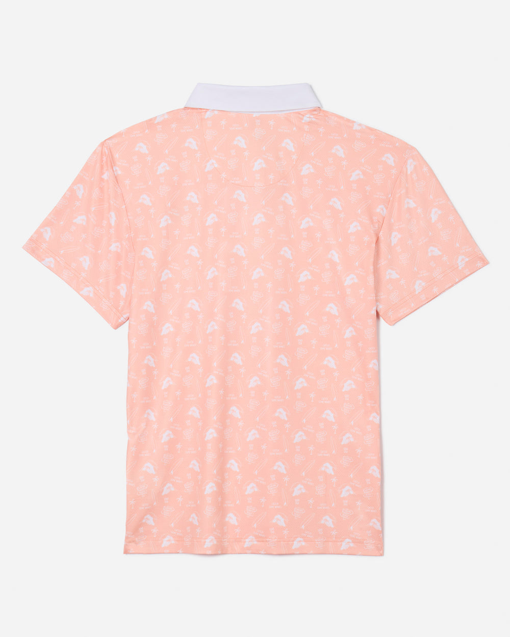 Back of peach-cream colored polo with surf inspired pattern