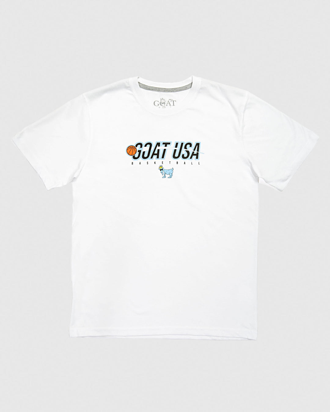 White shirt with basketball that goes through the wording "GOAT USA"