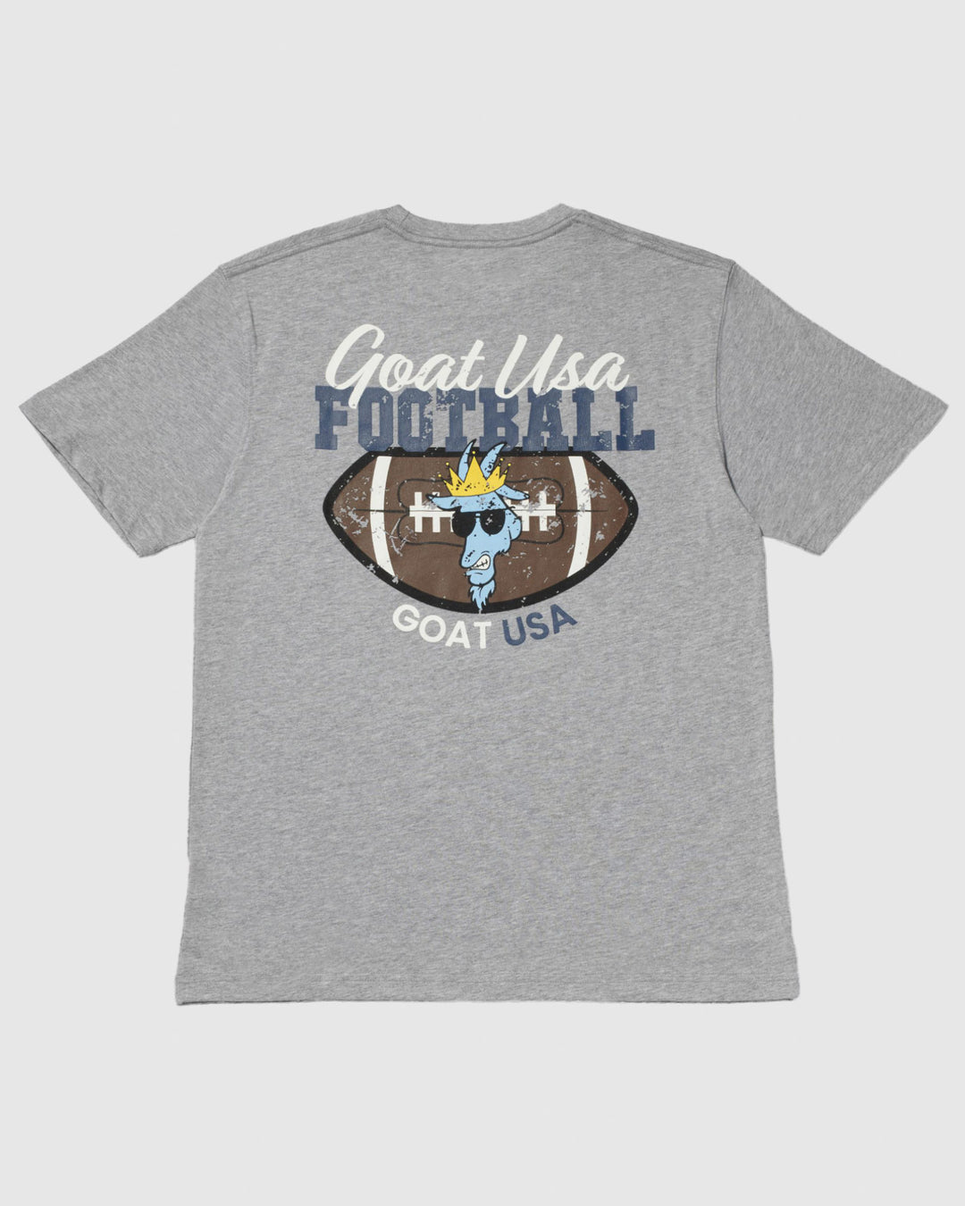 Back of gray t-shirt with football and goat-head graphic
